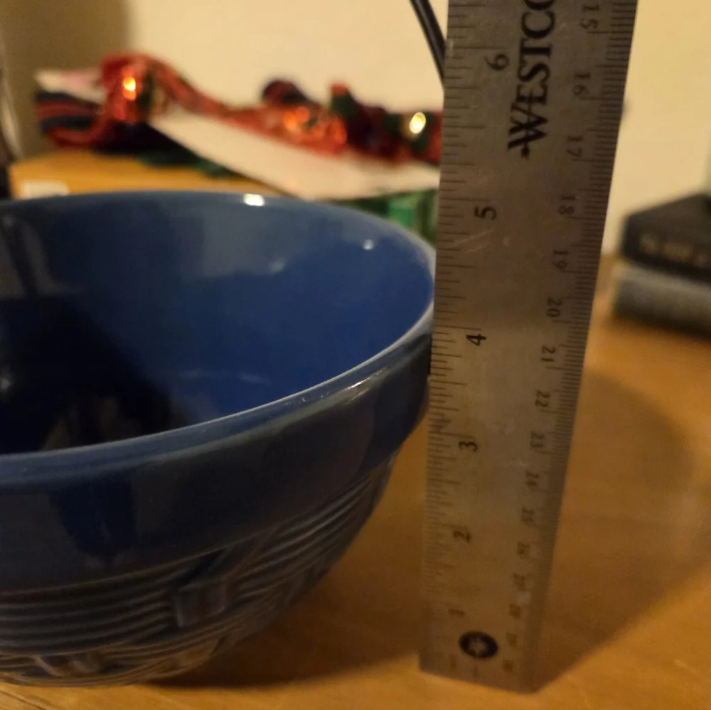 Vintage WCL Blue Pottery Basket Metal Handle Ceramic Handle Basket Weave Bowl